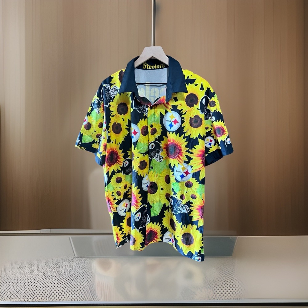 Pittsburgh Steelers Men's Sunflowers Aloha Button Up Shirt. Size‎ 2XL